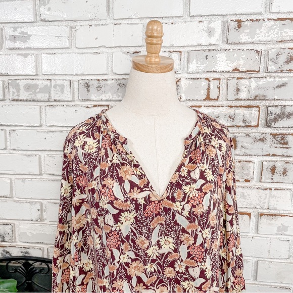 AVA & VIV Burgundy Tan Yellow Pink Floral Boho Flowy 3/4 Sleeve V-neck 1X - Picture 2 of 9